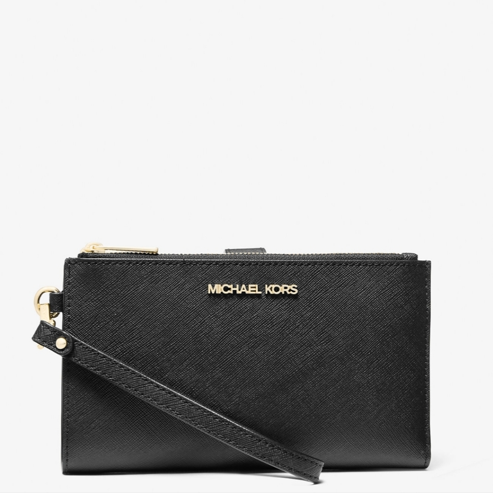 NWOT Michael Kors Jet Set Travel Double zip wristlet Leather wallet Black Silver